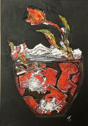 Red and Black Bowl, Tulips and Crabs